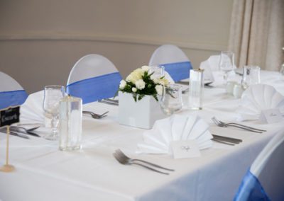 Blue & white themed wedding table settings Wallaceville House