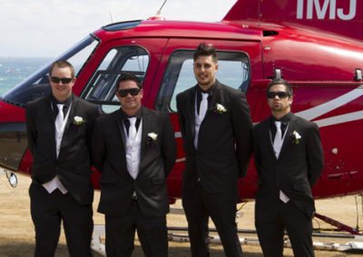 groom & groomsmen having arrived by helicopter to Pencarrow Lodge wedding