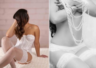 2 images of lady with long dark hair wearing white lingerie