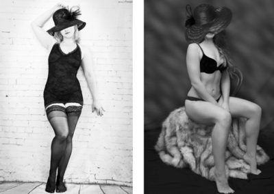 2 black & white images of ladies wearing black lingerie and a black hat