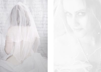 2 black & white high key closeups of brides through veils