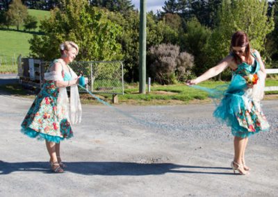 colourful bridesmaid dress frill unravelling