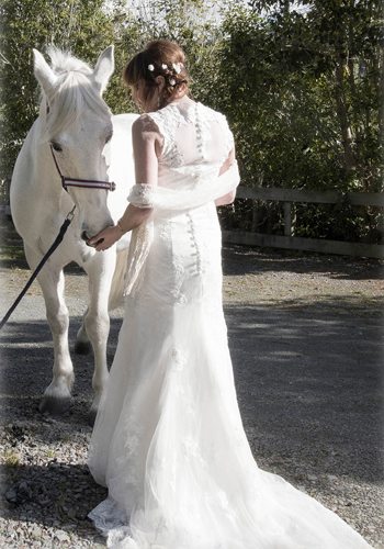 view of bride from behind with white horse nuzzling her hand