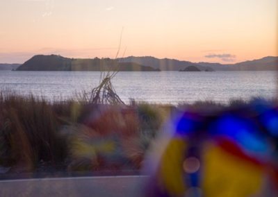 evening view of Petone beach through art gallery window