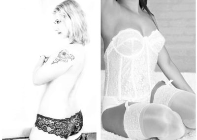 2 black & white images of ladies wearing lingerie