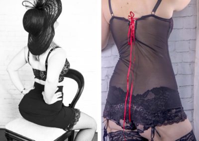 2 images of lady from the rear wearing black lingerie