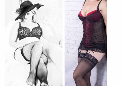 2 images of lady from the front wearing black lingerie