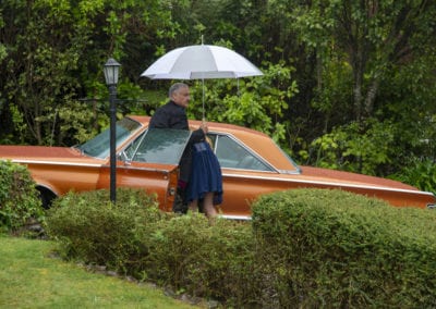 classic car, wedding, rain